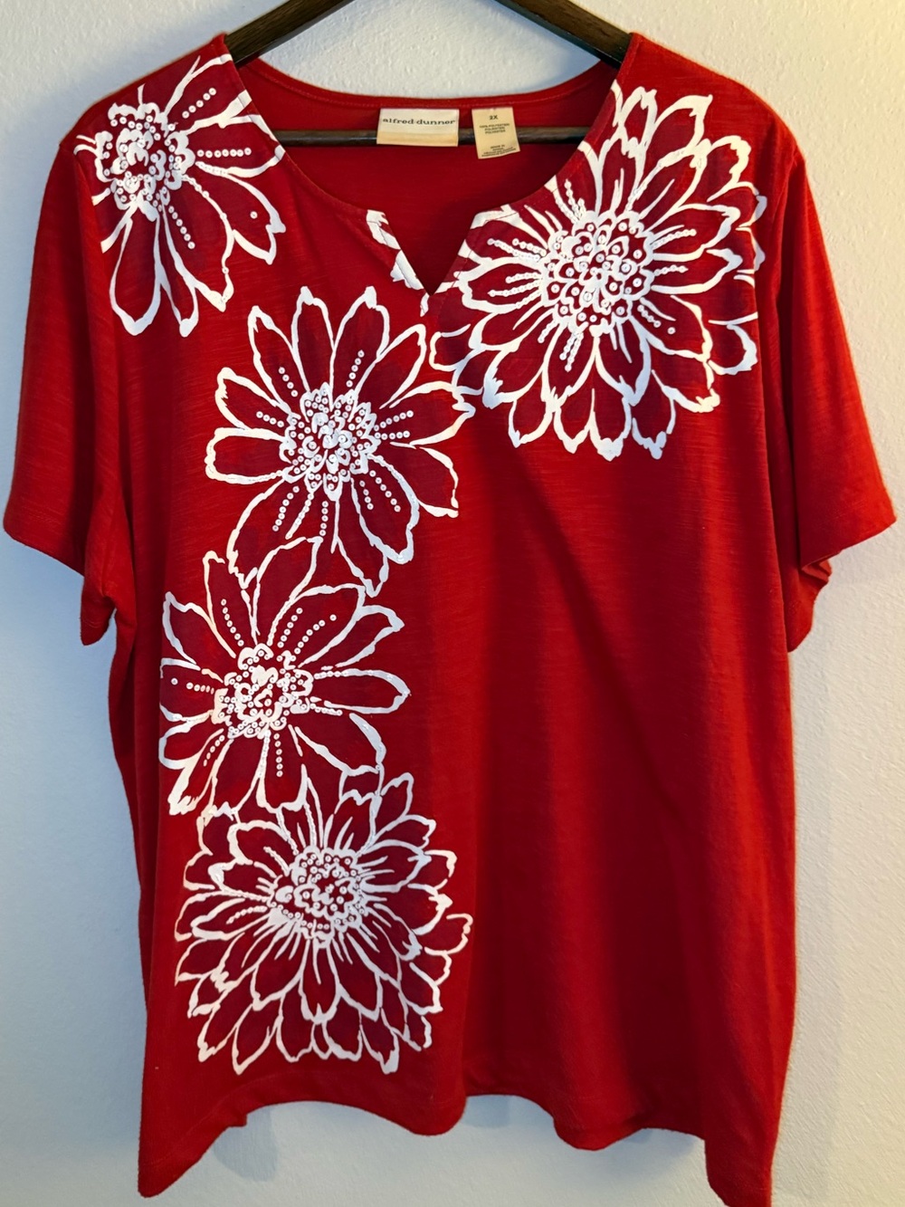 Alfred Dunner Red Short Sleeve Tee with White Floral Print